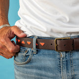 Tri Hard Mens Leather Embroidered Belt in Brown