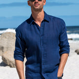 Mens' Navy Blue Linen Shirt with contrast Trim